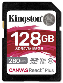 Карта памяти  SD 128 Gb Kingston SDXC UHS-II U3 V60 Canvas React Plus R/ W 280/ 100MB/ s (SDR2V6/ 128GB)