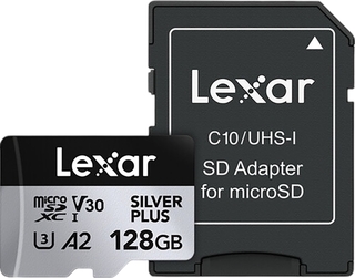 Карта памяти Lexar MicroSDXC Silver Plus 128Gb W150/ R205 с адаптером (новая)