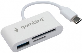 Картридер Gembird Type-C (2.0) 3в1: SD, TF (MicroSD), USB2.0, кабель 10см, белый