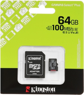 Карта памяти  Micro SD  64Gb Kingston Canvas Select Plus Gen3 UHS-I U1 A1 + ADP 100 Mb/ s